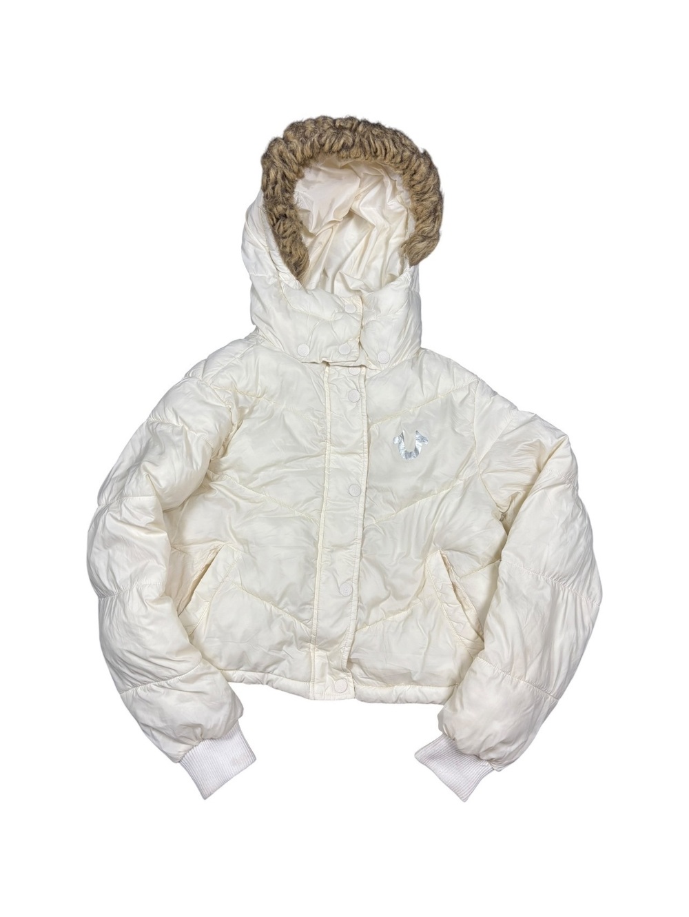 True Religion Y2K Cropped Puffer Jacket Hooded Faux Fur